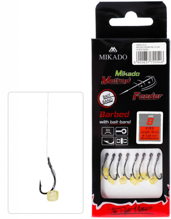 Návazec - METHOD FEEDER 10 cm s gumkou BAIT BAND – háček : 12 / Vlasec : 0.23 mm 8 ks