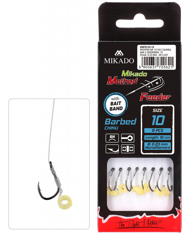 Návazec - METHOD FEEDER 10 cm s gumkou BAIT BAND – háček : 8 / Vlasec : 0.25 mm 8 ks